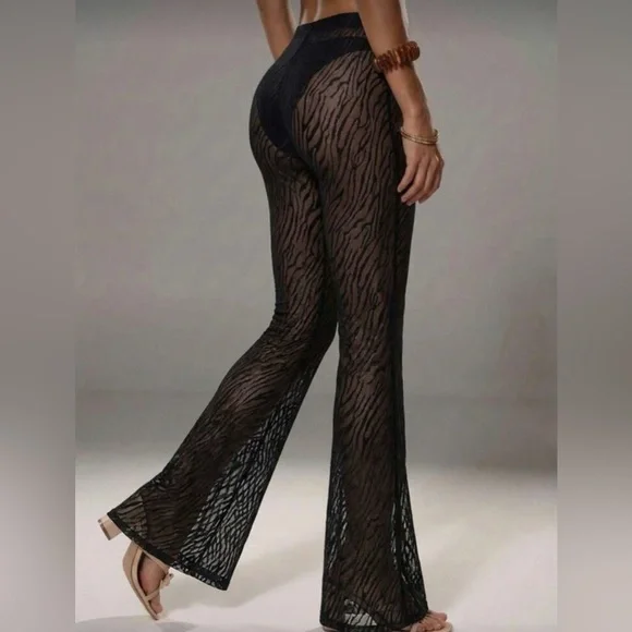New High Waist Black Sheer Mesh Swimsuit cover Up Zebra Print Pants size M/L - Picture 4 of 7
